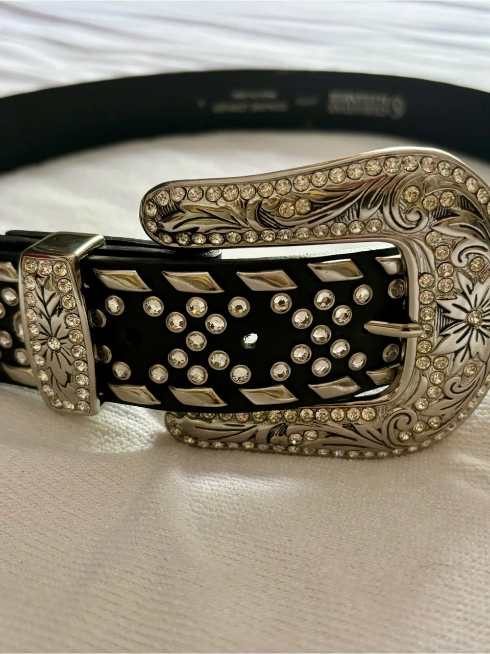 Christine Alexander Black Studded Western Buckle Belt with Crystal Accents
